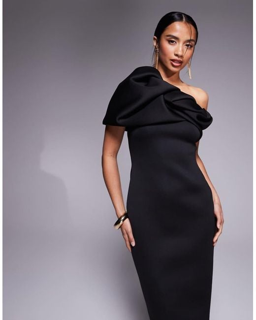 Vestido Midi Con Escote Palabra De Honor Y Mangas Abullonadas Estructuradas De Tejido Efecto Neopreno De Asos Design Petite ASOS de color Blue