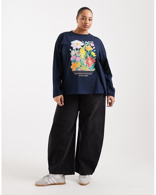ASOS Blue Asos Design Curve Long Sleeve T-shirt With Floral Graphic
