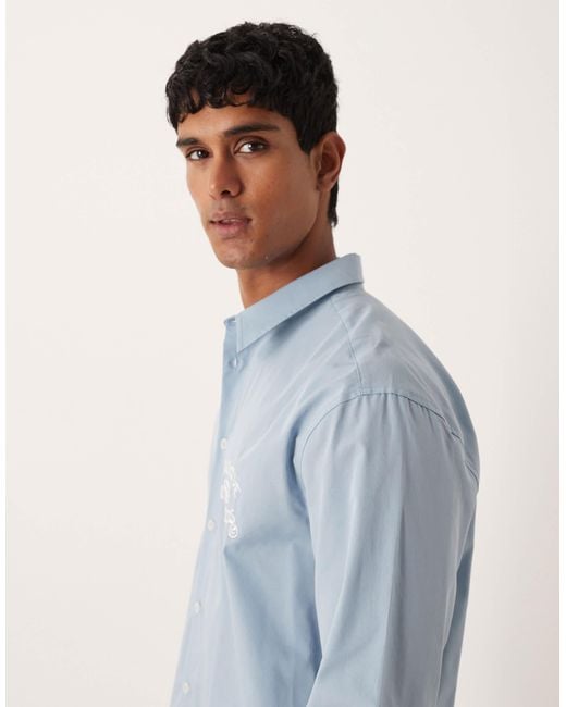 ASOS Blue Relaxed Shirt With Chest And Back Embroidery for men