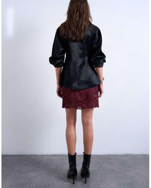 TOPSHOP Purple Satin Asymmetric Mini Skirt With Lace Trim