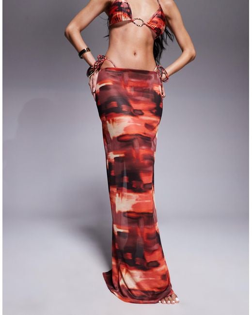 South Beach Red Abstract Print Mesh Maxi Beach Skirt