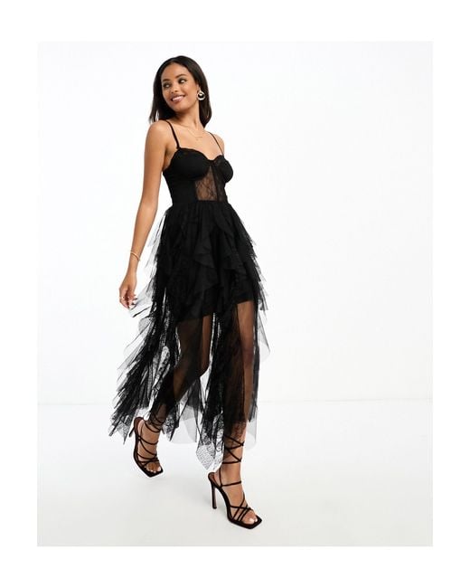 Miss Selfridge Black Bandeau Lace Detail Frill Maxi Dress With Detachable Straps