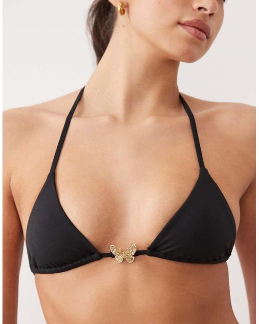 Oh Polly Black Butterfly Detail Tie Side Triangle Bikini Top Co-Ord