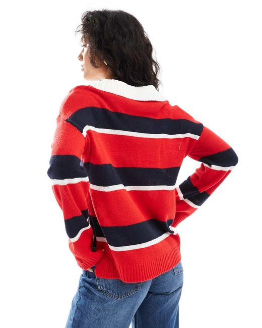 Brave Soul Red Oversized Knitted Rugby Top With Contrast Collar