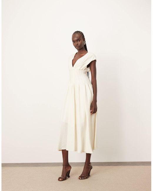 ARRANGE Natural Premium Structured Linen Pleat Waist Midi Dress With Tie Back Detail