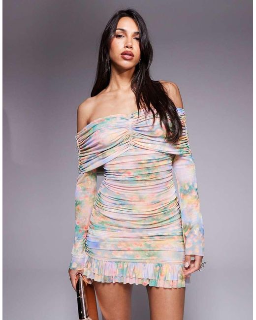 AFRM Gray Long Sleeve Ruched Mini Dress With Ruffle Hem