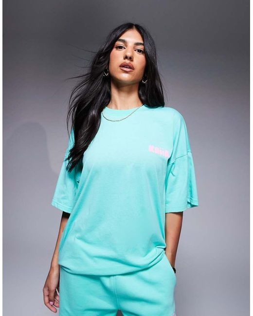 Camiseta Color Aguamarina Y Rosa Pastel Extragrande Con Logo Estampado En Relieve De (Parte De Un Conjunto)-Azul Kaiia de color Blue