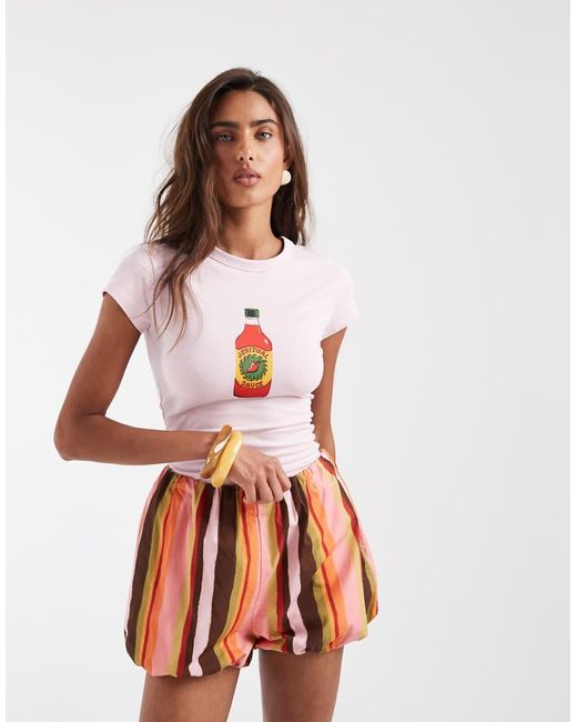 ASOS Pink Baby Tee With Embroidered Hot Sauce Graphic