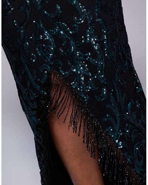 Goddiva Black Curve Tassel & Sequin Maxi With Front Split
