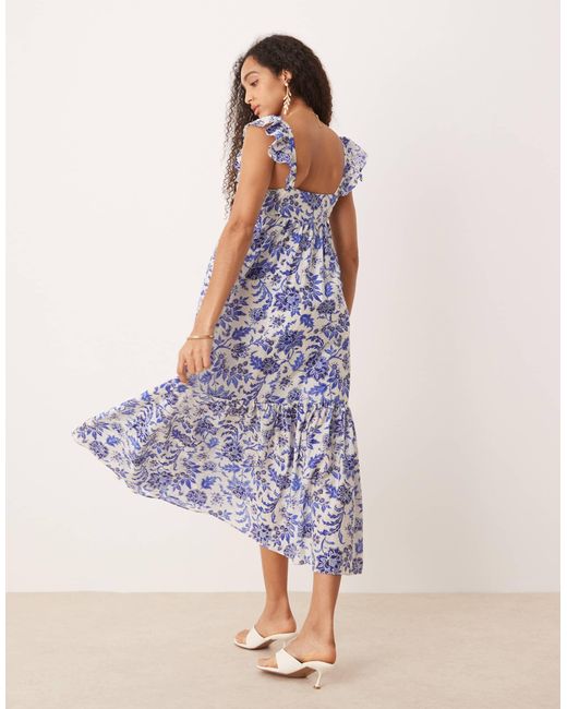 Mango Blue Ruffle Sleeve Midi Dress