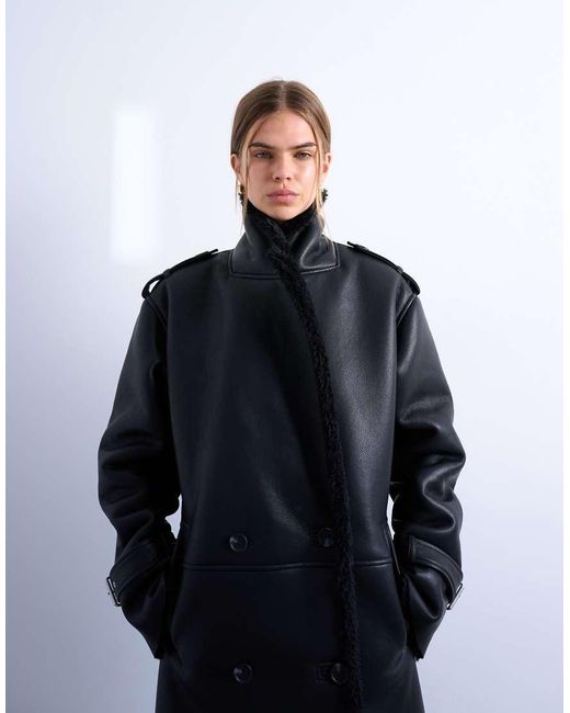 TOPSHOP Black Longline Oversized Aviator Teddy Coat