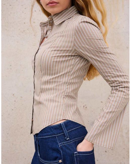 Bershka Natural Fitted Shirt With Flared Sleeves