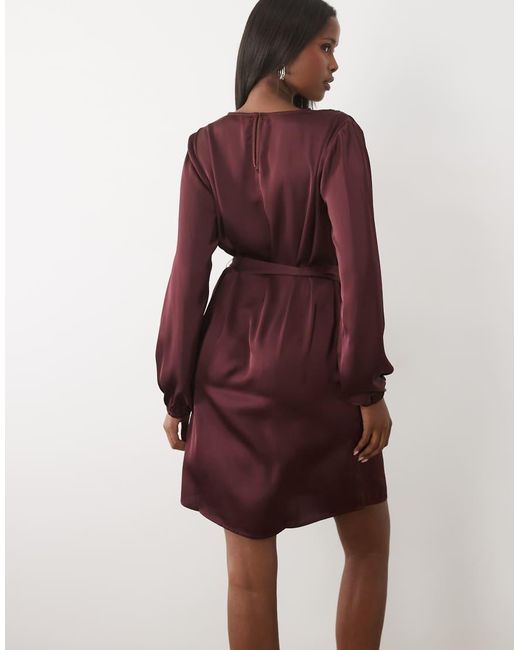 Vila Red Tie Waist Long Sleeve Satin Mini Dress