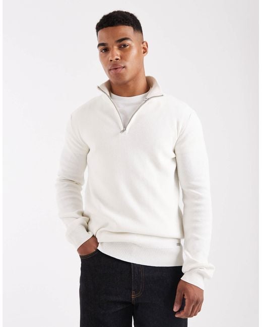 Threadbare White 1/4 Zip Knitted Jumper for men