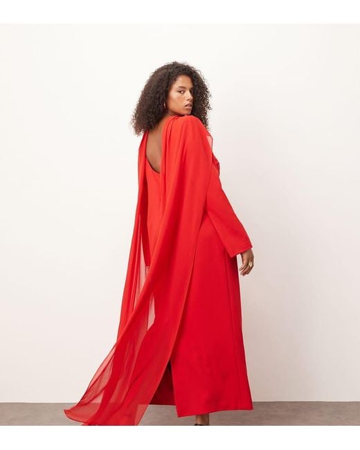 ARRANGE Red Curve Structu Crepe Long Sleeve Maxi Dress With Chiffon Overlay