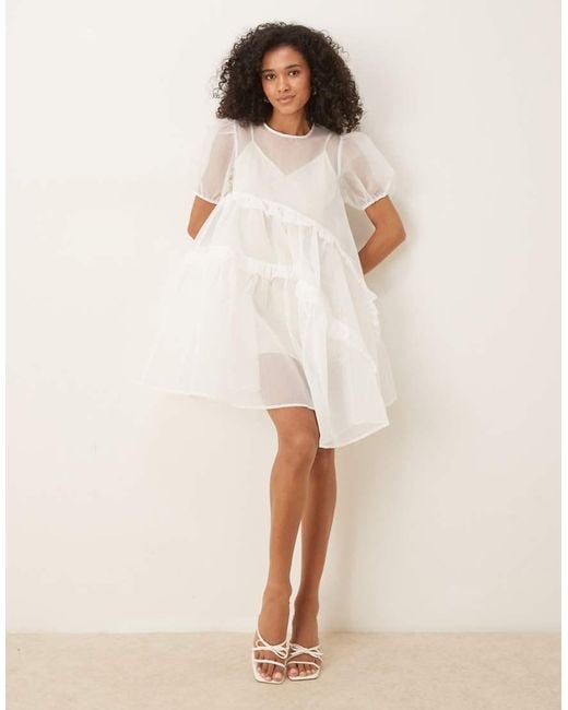 Ghospell Natural Organza Drawstring Mini Dress