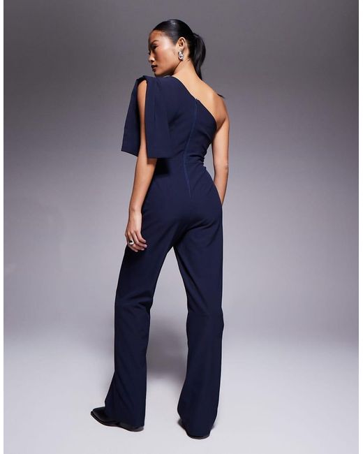 Vesper Petite Blue One Shoulder Wide Leg Jumpsuit