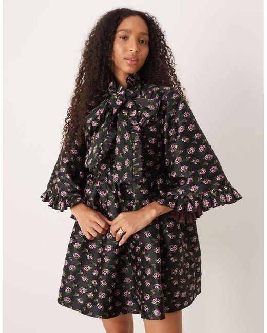 Sister Jane Black Oversized Pussybow Jacquard Mini Dress