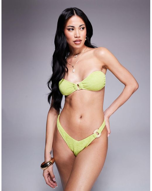 ASOS Green Bella Textured Bandeau Bikini Top With Beaded Ring Detail