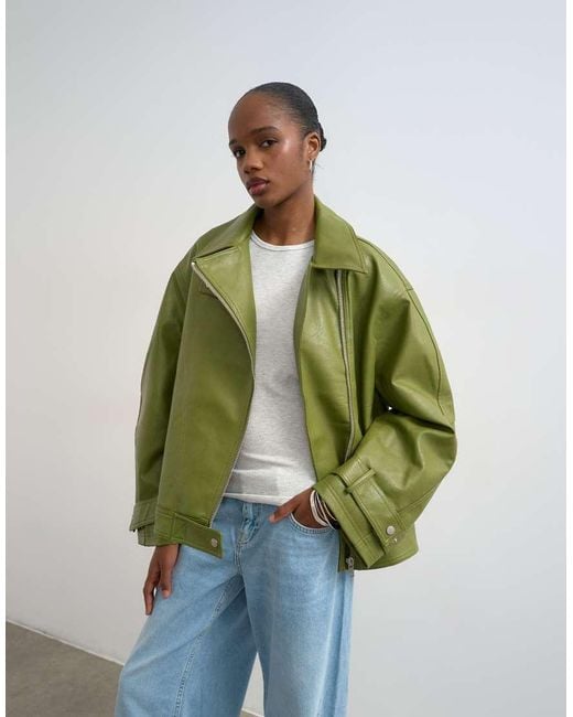 TOPSHOP Green Faux Leather Funnel Neck Biker Jacket