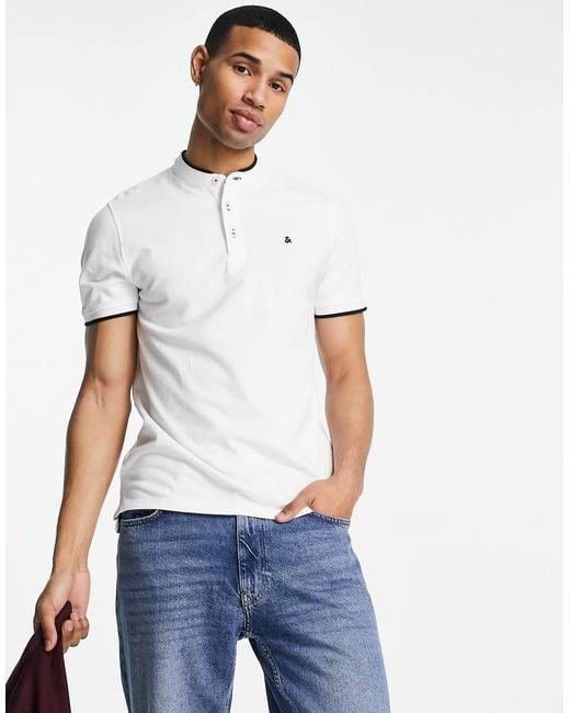 Jack & Jones White Essentials Grandad Polo With Tipping for men
