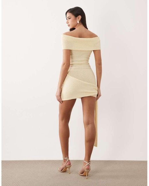 Aria Cove Natural Boucle Knit Twist Bardot Knot Drape Front Mini Dress