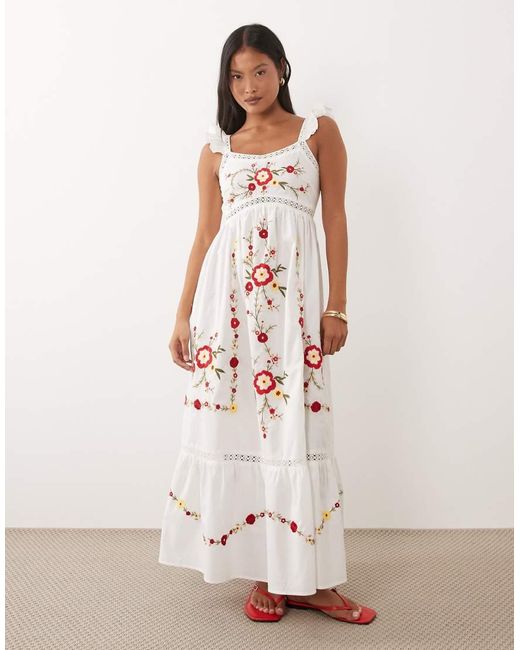 Miss Selfridge White Lace Insert Embroidered Maxi Dress