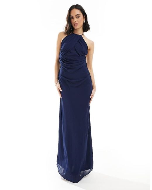 TFNC London Blue Bridesmaid Cross Front Maxi Dress With Cowl Back