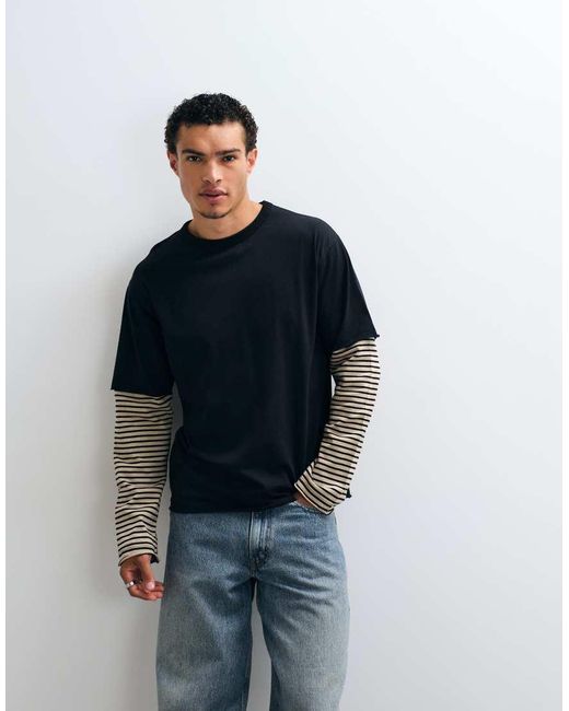 ASOS Blue Heavyweight Relaxed T-shirt With Striped Double Sleeves for men