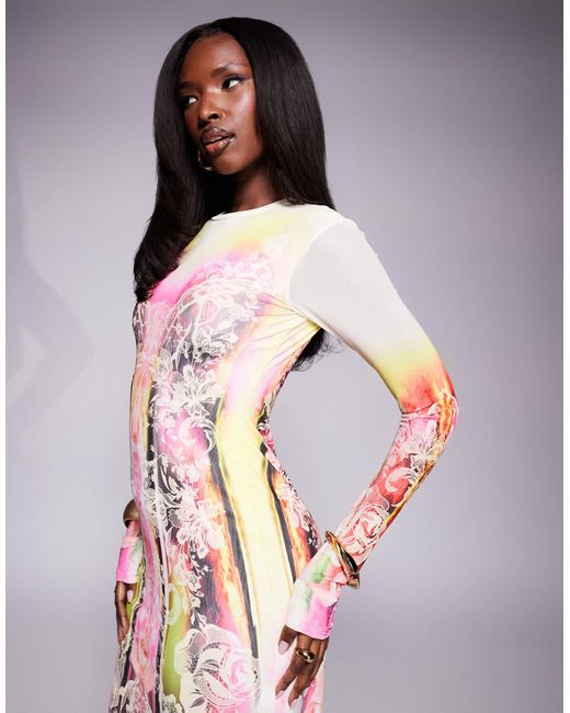 AFRM Pink – didi – langärmliges netzstoff-midikleid mit spitzenprint im grunge-design