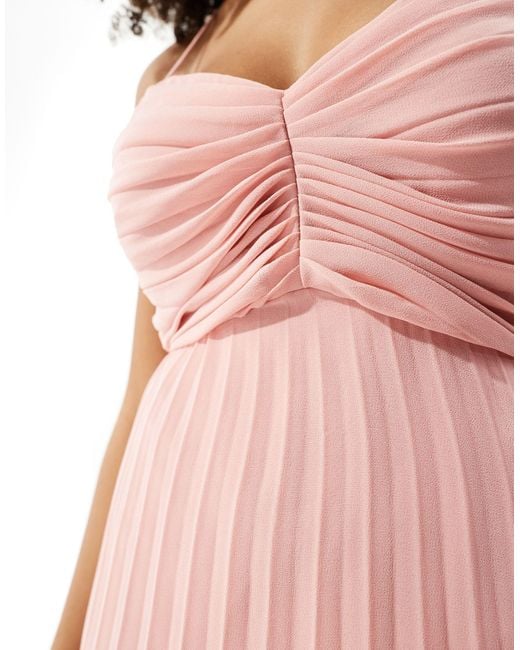 ASOS Pink Pleated Bodice Strappy Pleat Midi Dress With Tie Back Detail