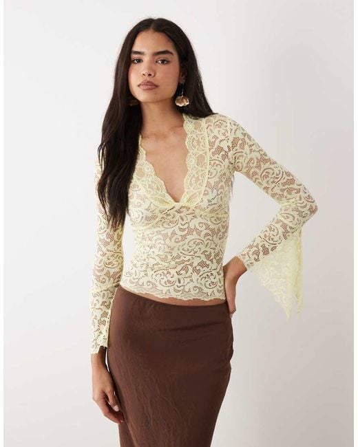I.AM.GIA Natural Gemma Semi Sheer Plunge Neck Long Fluted Sleeve Lace Top