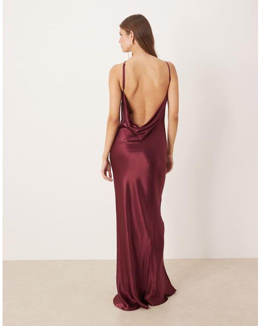 SNDY'S Red Satin One Shoulder Open Cowl Back Detail Maxi Dress