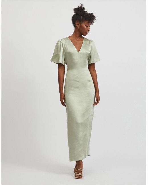 Vila Green Bridesmaid Maxi Dress With Flutter Sleeves And Tie Waist