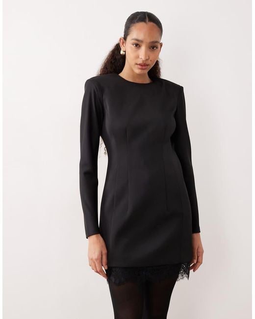 Mango Black Long Sleeve Mini Dress With Lace Hem