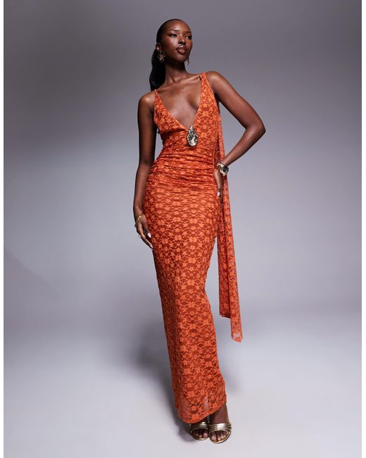ASOS Red Lace Plunge Maxi With Drape Detail