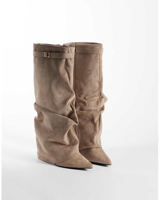 SEQWL Wide Fit Natural Ranger Faux Suede Fold Over Knee Boots