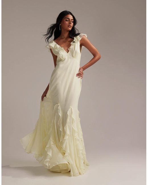 ASOS Bridesmaids Flutter Sleeve Bias Maxi Dress With Godet Frill Hem in Natural | Lyst ASOS Bridesmaids Flutter Sleeve Bias Maxi Dress With Godet Frill Hem in Natural | Lyst