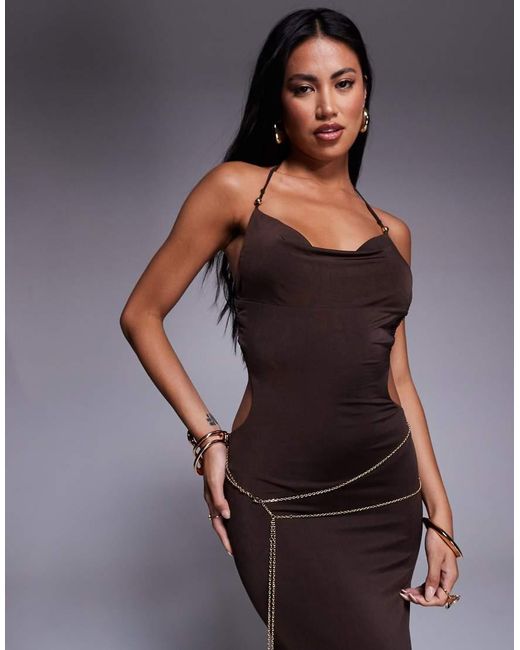 Tiger Mist Brown Suriya Cowl Halterneck Open Tie Back Chain Detail Maxi Dress