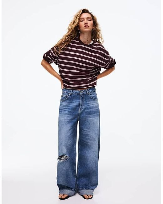 Bershka Red Striped Round Neck Sweatshirt