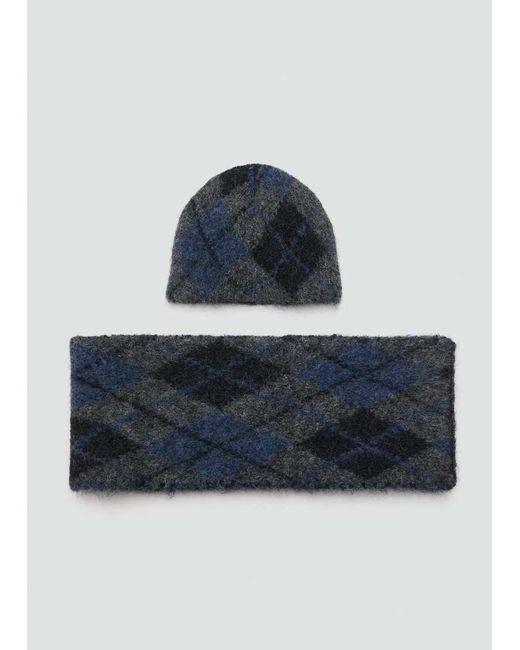 Mango Blue Wool Blend Argyle Scarf