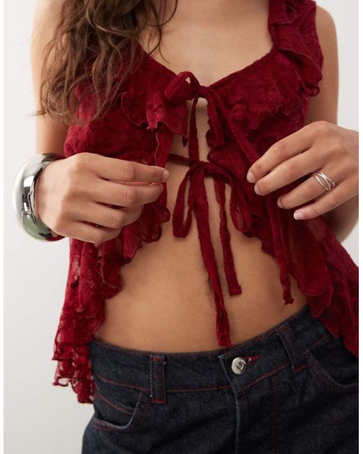 Reclaimed Vintage Red Sleeveless Frill Neck Tie Front Lace Top