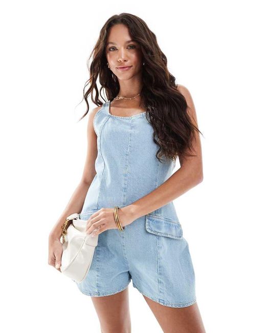 ASOS Blue Denim Scoop Neck Playsuit With Pocket Detail