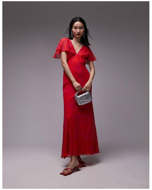 TOPSHOP Red Occasion Flutter Sleeve Maxi Dress With Back Detail