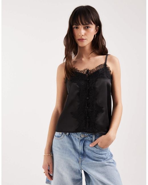 ASOS Satin Lace Trim Tie Cami Top in Black | Lyst