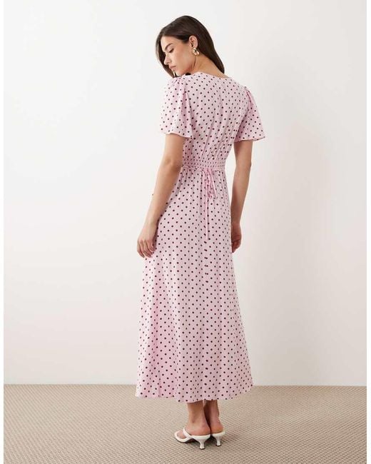 Nobody's Child Pink Atlas V-Neck Short Flutter Sleeves Midi Dress
