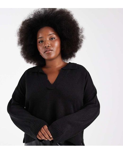 Brave Soul Black Brave Soul Curve Knitted Jumper With Polo Neck And Wide Sleeve