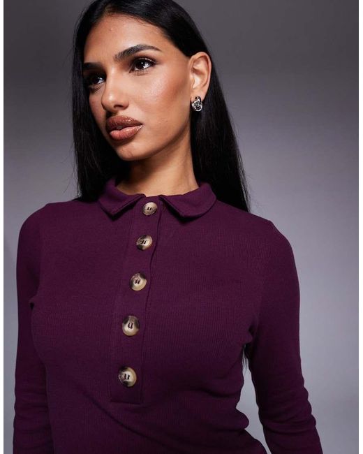 ASOS Purple Cotton Rib Polo Long Sleeve Top