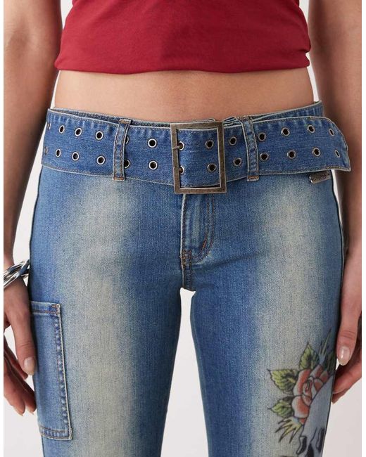 Ed Hardy Blue Eyelet Belt Straight Leg Tattoo Patch Jean