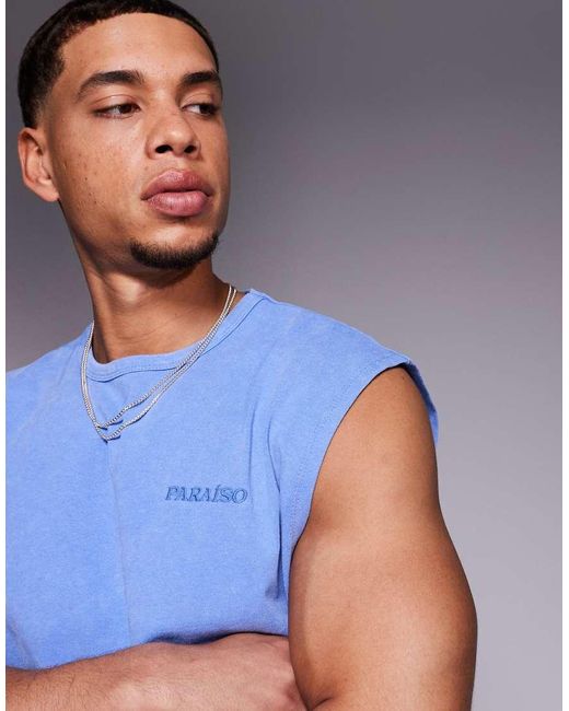 Camiseta Azul Lavado Sin Mangas De Corte Cuadrado Extragrande Con Estampado Gráfico De Texto De Tejido Grueso De 220 G/M² De ASOS de hombre de color Blue